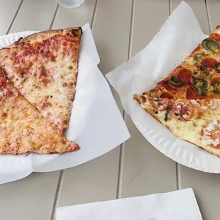 Two cheese on the left; pepperoni+jalapeño &amp; margarita on the right.