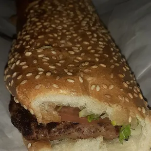 Lamb meat on baguette