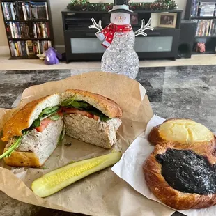 Chicken salad on focaccia and a blueberry-cheese danish.