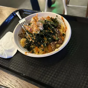 A Rice Bowl with Kristy Kale, Rice and a Protein. Absolutely Delicious spice with a lil kick of spice on the back end!