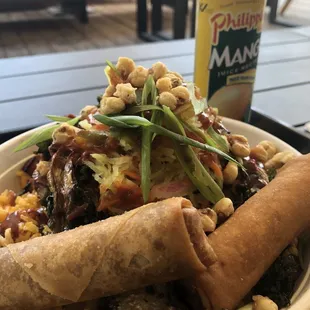Lumpia with a bowl of Rice with vegetables and pork belly