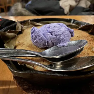 Skillet cake with ube ice cream