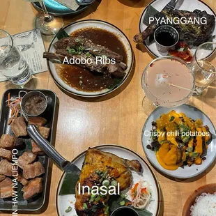 Chicken Inasal (Bone in) Meal, Adobo Ribs Meal, Chicken Pyanggang (Bone In) Meal, Chili Crisp Potatoes, Garlic Rice &amp; Fried Pork Belly