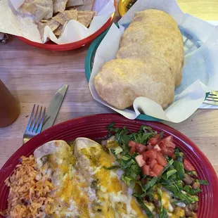 Chicken enchiladas with beans, rice, salad and a huge sopaipilla