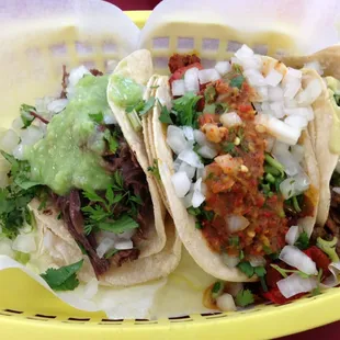 Barbacoa, Carne Asada and Steak tacos. Killer!