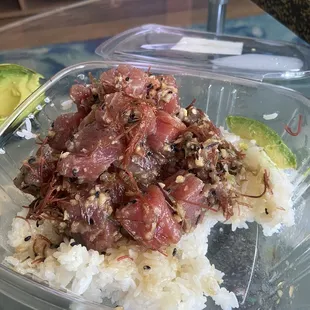 Traditional poke. Large portions of fish