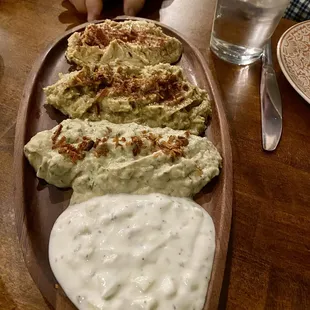 hummus, baba ghanoush, barta, and mast-u khiar