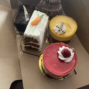 Mango Mousse, Raspberry Mousse, Carrot Cake slice, etc.