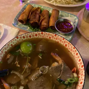 Brisket pho and fried spring rolls.