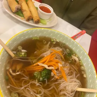 Chicken pho with beef broth and veggies !!