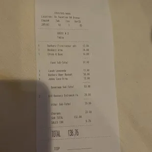 a receipt for a restaurant