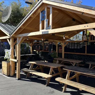 the outside of a restaurant with tables and benches