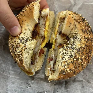 Bacon, egg, and cheese on everything bagel