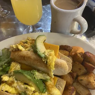 Scramble, mimosa, coffee