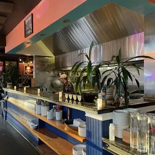 a view of a restaurant counter