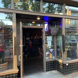 the entrance to a restaurant