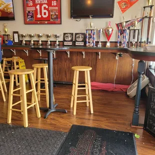 a bar with wooden stools