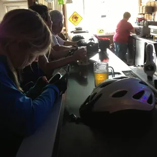 Enjoying a beer stop on our bike trip!