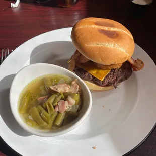 Campfire burger with green beans
