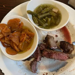 Super tough Ribeye steak with canned carrots and canned green beans.