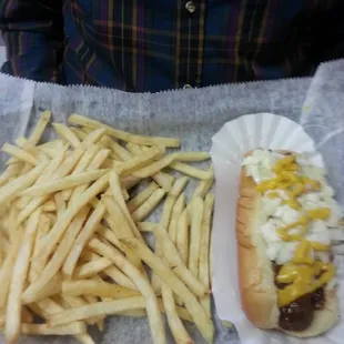 Chili cheese dog with shoestring fries.