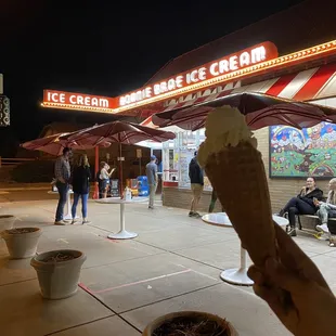 Vanilla double scoop in a waffle cone