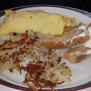 Ham and cheese omelet, hash browns, toast.