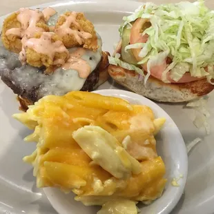 A Surf &amp; Turf Burger with a side of Baked Macaroni and Cheese!