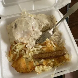 Biscuits and gravy, hash browns and sausage links