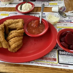fried fish, coleslaw, beets