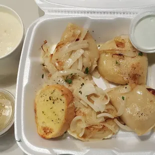Pierogies and clam chowder