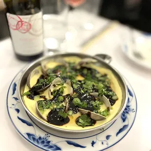 Clams and black bean sauce with egg custard