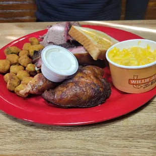3 meat platter chicken ribs brisket fried okra and mac and cheese