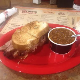 Beef brisket sandwich and baked beans