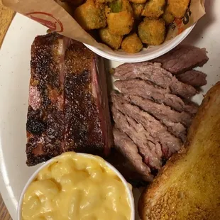Ribs and brisket with Mac and cheese and fried okra