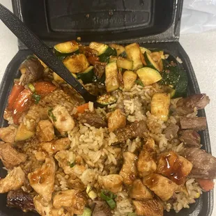 Chicken and steak dinner plate
