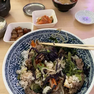 My dish was Bibimbap with an egg on top.  Yummy !!!  Bi Bim Bap.