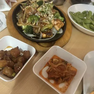 Salmon, potatoes, kimchi