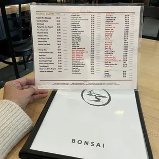 sushi and sashimi, menu