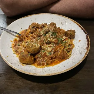 Spaghetti and meatballs with meat sauce