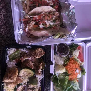 Chicken tacos with the chicken kebab, dinner and side salad