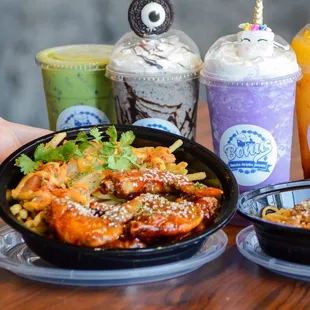 Chicken Wing Combo and Kimchi French Fries, Chamangos Slushy, Cookie Monsters Slushy, Unicorn Milkshake Slushy IG: @joyyeats