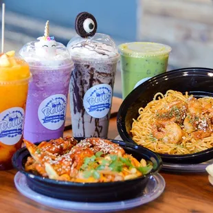 Chicken Wing Combo and Kimchi French Fries, Chamangos Slushy, Cookie Monsters Slushy, Unicorn Milkshake Slushy IG: @joyyeats