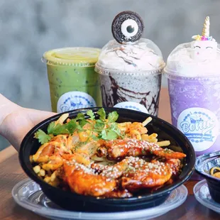 Chicken Wing Combo and Kimchi French Fries, Chamangos Slushy, Cookie Monsters Slushy, Unicorn Milkshake Slushy IG: @joyyeats