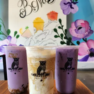 Ube creme brulee tiger sugar milk, cheezo peach tea, ube horchata