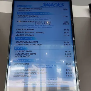 Snacks menu.  The kimchi fries were good!  Popcorn chicken is a big serving!