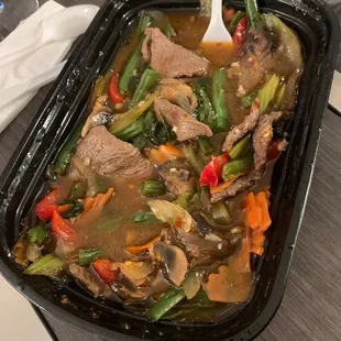 Basil Stir-fry with beef.  Plenty of beef!