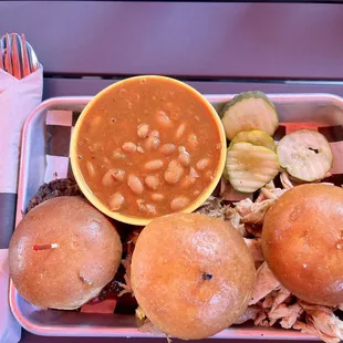 Triple sliders - pork, beef, chicken and side of BBQ beans