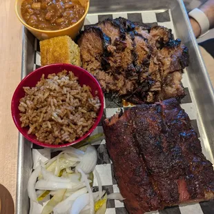 2-mear platter with beans, dirty rice, brisket, ribs, cornbread