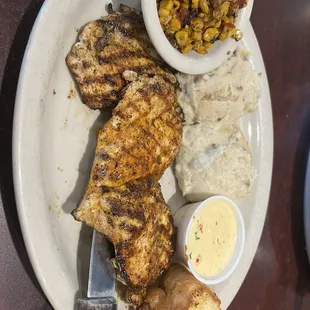 Grilled chicken w/ mashed potatoes and roasted corn